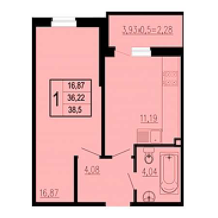 1 комнатная 38.5м²