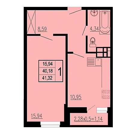 1 комнатная 41.32м²