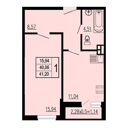 1 комнатная 41.2м²