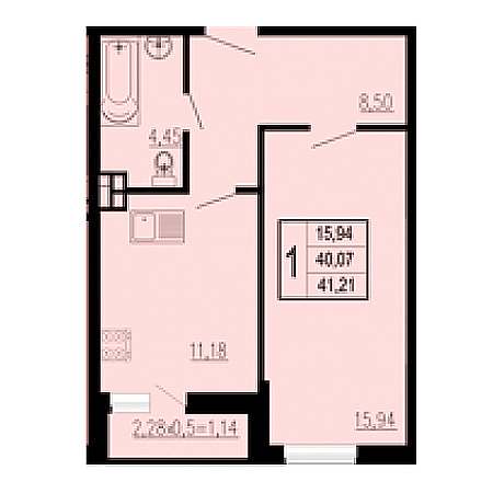 1 комнатная 41.21м²