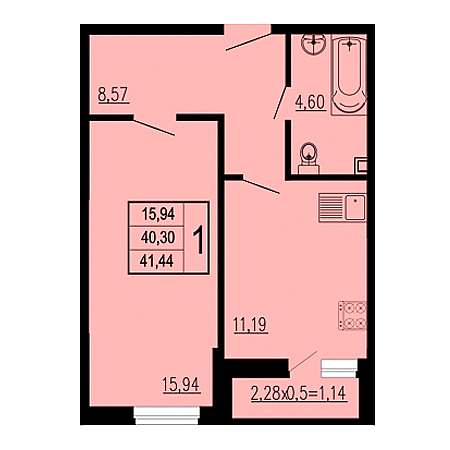 1 комнатная 41.44м²