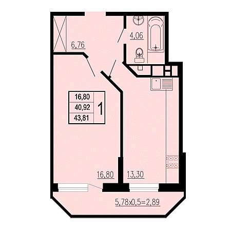 1 комнатная 43.81м²