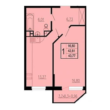 1 комнатная 43.77м²