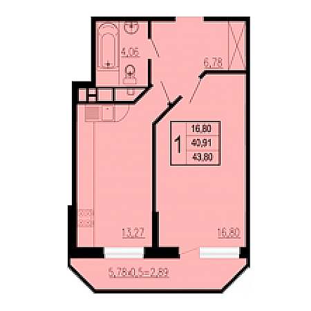 1 комнатная 43.8м²