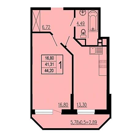 1 комнатная 44.2м²