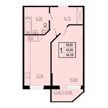 1 комнатная 44.16м²