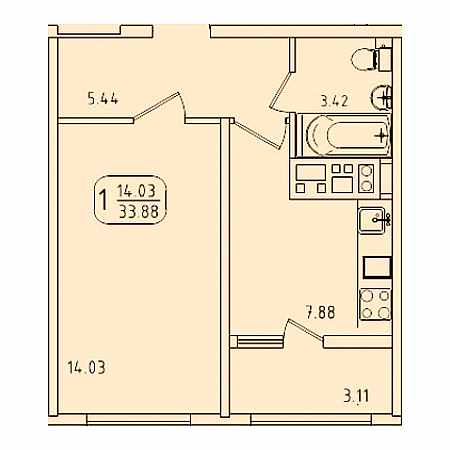 1 комнатная 33.88м²