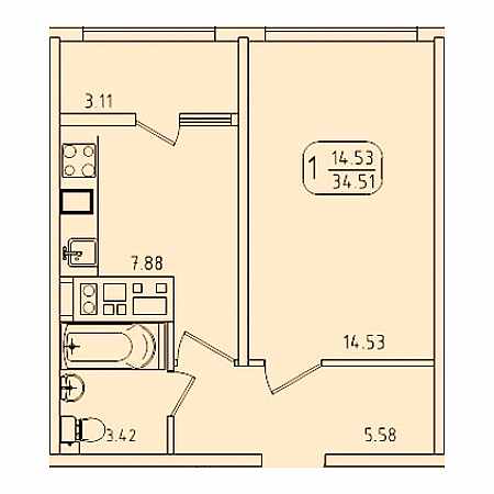 1 комнатная 34.51м²