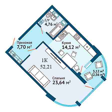 1 комнатная 52.21м²