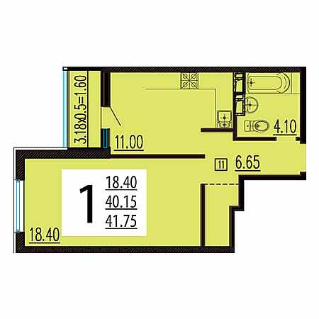 1 комнатная 41.75м²