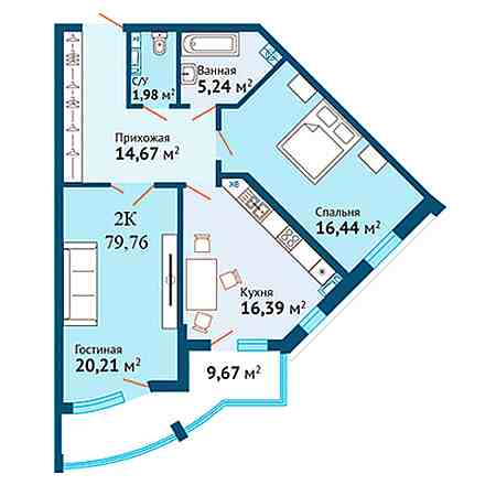 2 комнатная 79.76м²