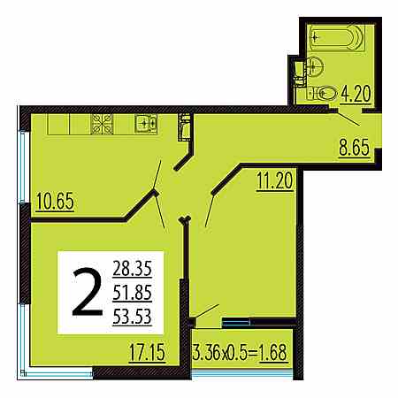 2 комнатная 53.53м²