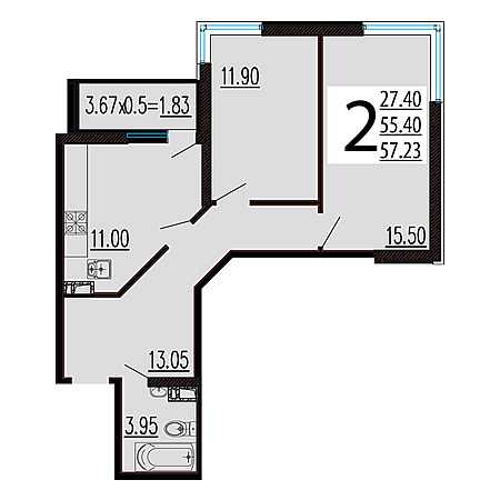 2 комнатная 57.23м²