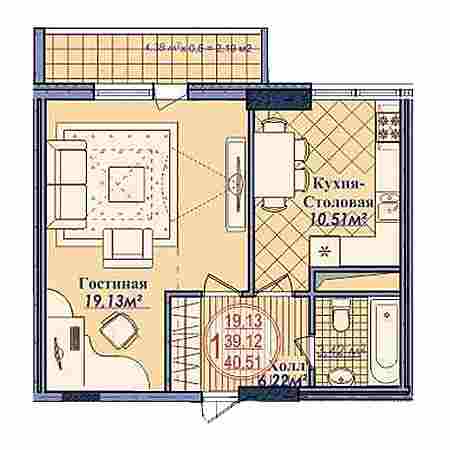 1 комнатная 40.51м²