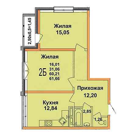 2 комнатная 61.66м²