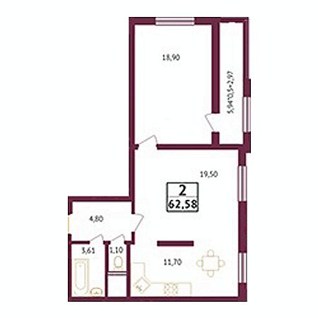 2 комнатная 62.58м²