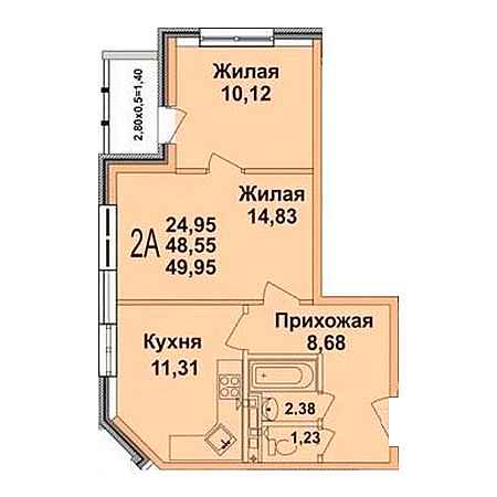 1 комнатная 49.95м²