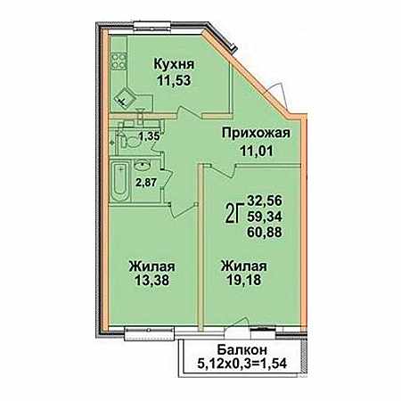 1 комнатная 60.88м²