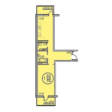 1 комнатная 47.65м²