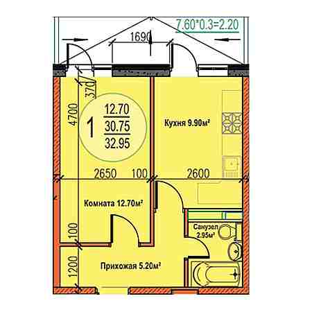 1 комнатная 32.95м²