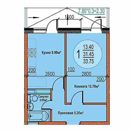 1 комнатная 33.75м²