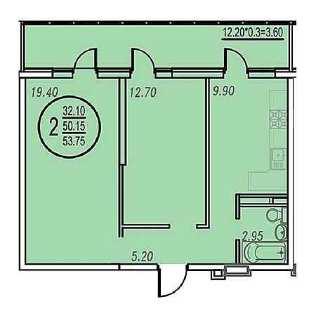 2 комнатная 53.75м²