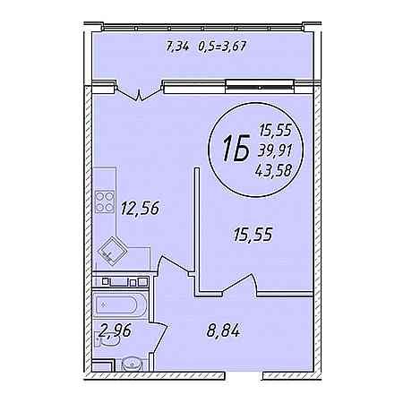 Студия 43.58м²