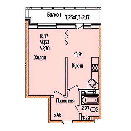 Студия 42.7м²