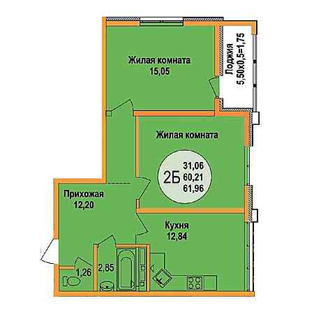 2 комнатная 61.96м²