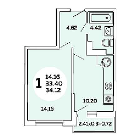 1 комнатная 34.12м²