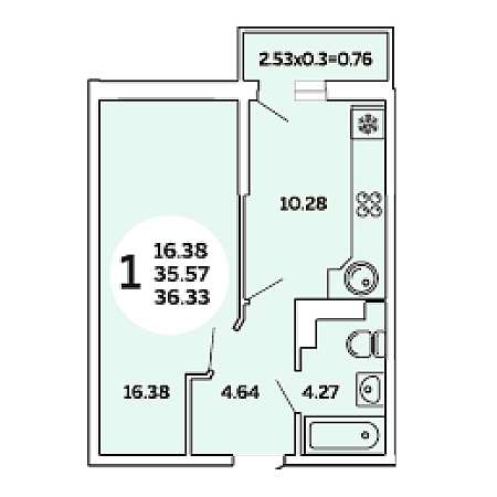 1 комнатная 36.33м²