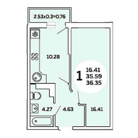 1 комнатная 36.35м²