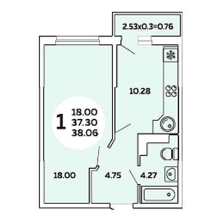 1 комнатная 38.06м²