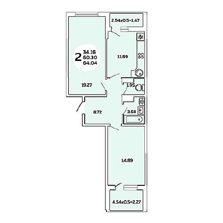 2 комнатная 64.04м²