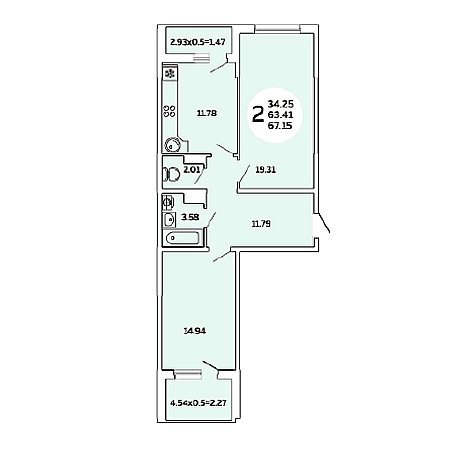 2 комнатная 67.15м²