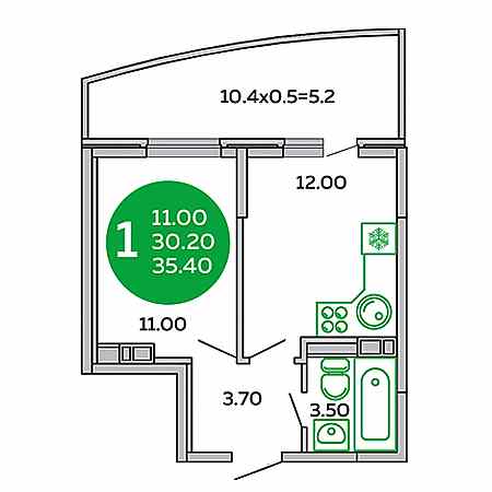 1 комнатная 35.4м²