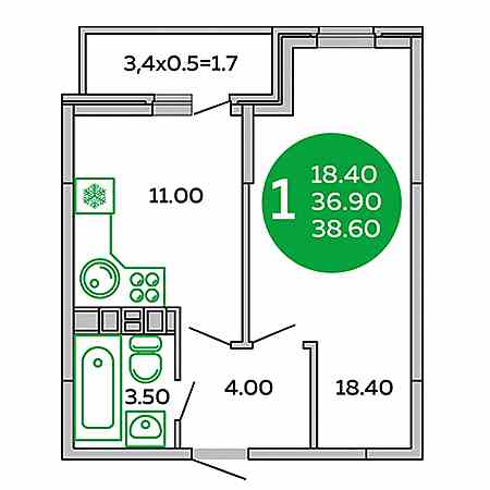 1 комнатная 38.6м²