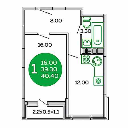 1 комнатная 40.4м²