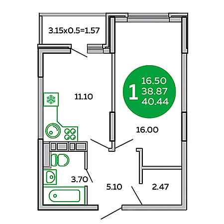 1 комнатная 40.44м²