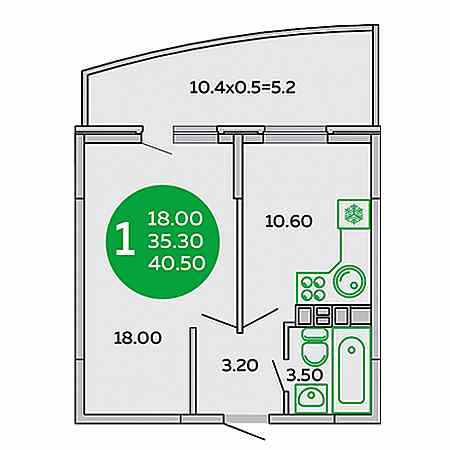 1 комнатная 40.5м²