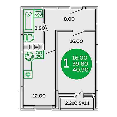 1 комнатная 40.9м²