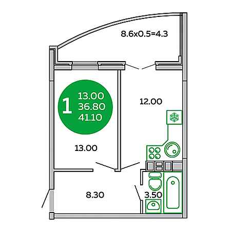 1 комнатная 41.1м²