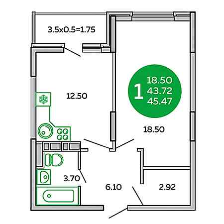 1 комнатная 45.47м²