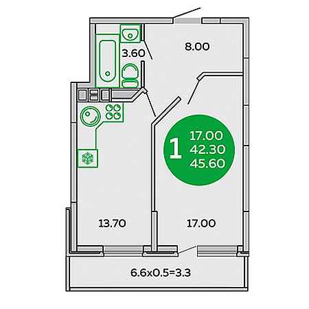 1 комнатная 45.6м²