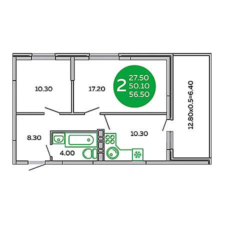 2 комнатная 56.5м²