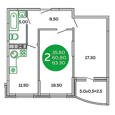 2 комнатная 63.3м²