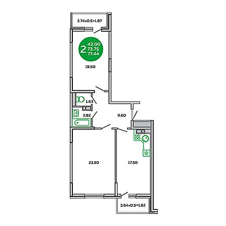 2 комнатная 77.44м²