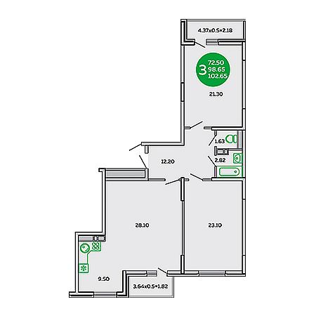 3 комнатная 102.65м²