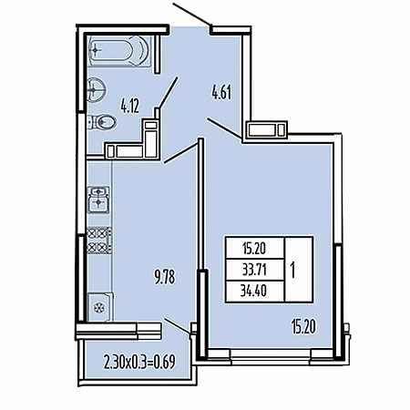 1 комнатная 34.4м²