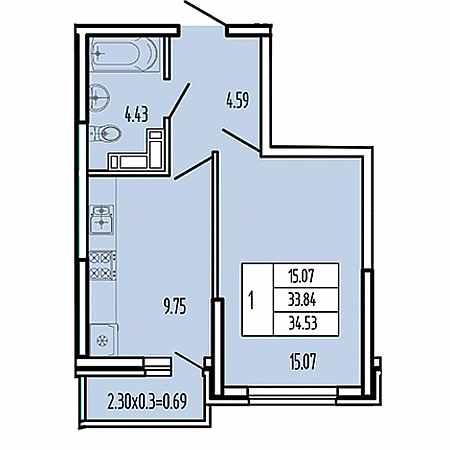 1 комнатная 34.53м²